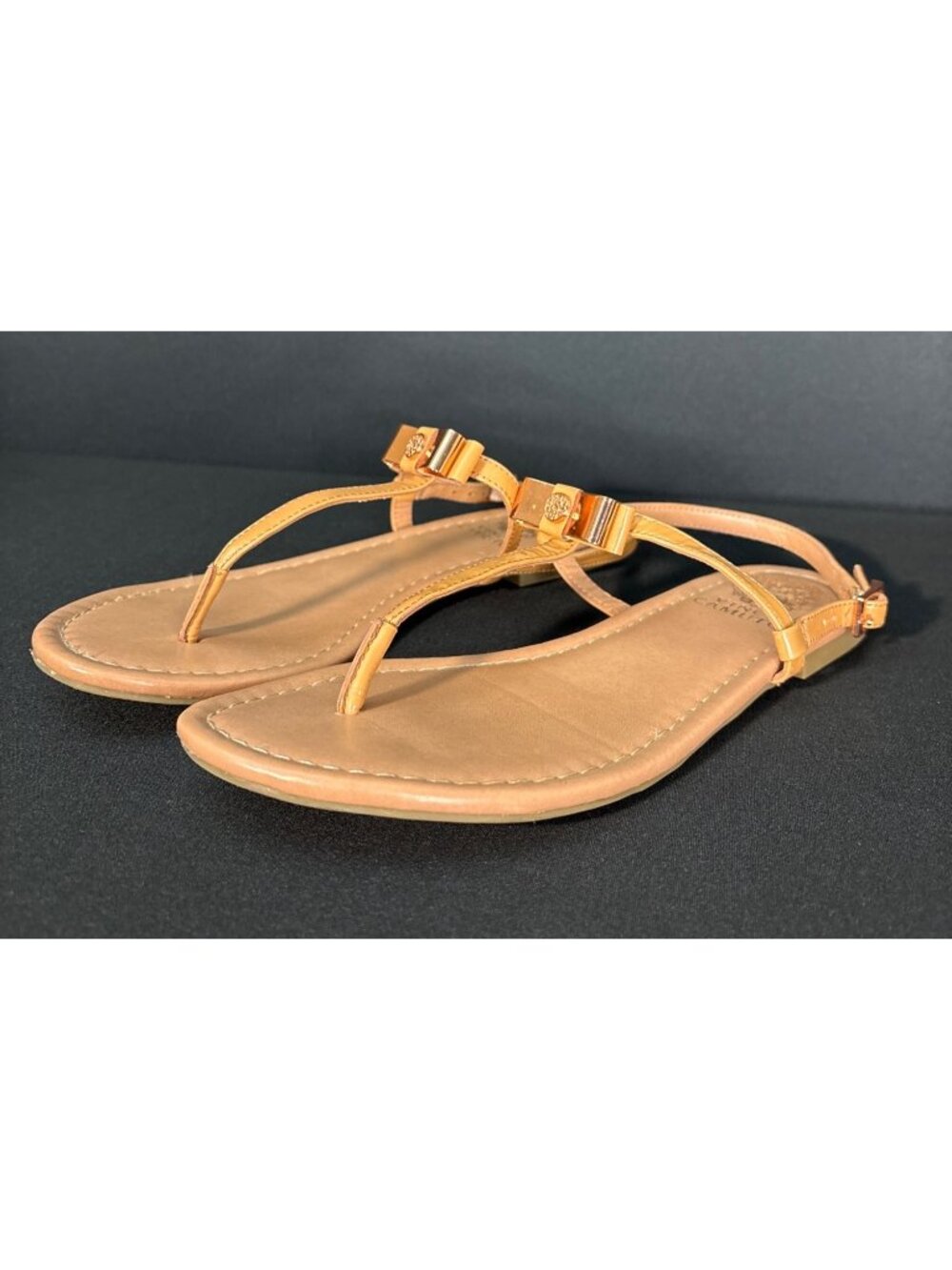 Vince Camuto “Malinda” Tan Thong Sandals Rose Gold Bow Accent Adjustable Straps - Picture 5 of 9